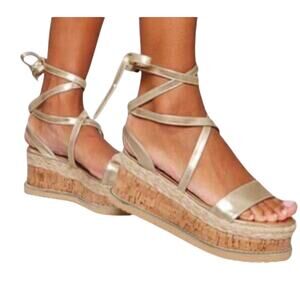 Pretty Little Thing Gold Espadrille Lace Up Flatform Sandals Wedges Shoes Sz 5